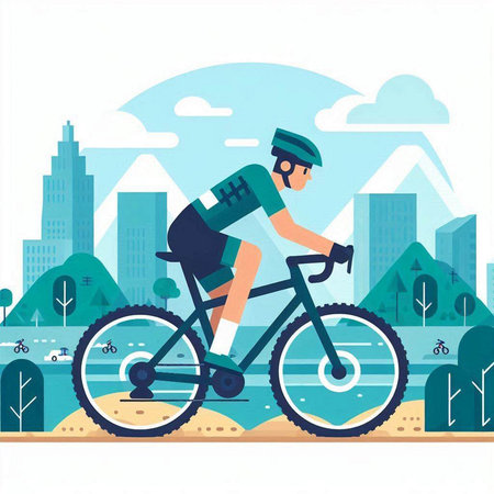 Cyclist riding bicycle in the city. Vector flat illustration.のイラスト素材