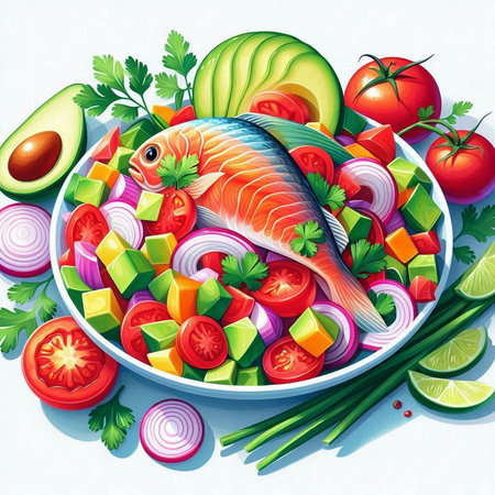 Salad with salmon, avocado, tomato, cucumber, onion and parsleyのイラスト素材