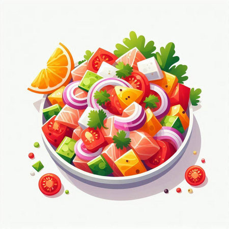 Salad with vegetables and cheese in a bowl. Vector illustration.のイラスト素材