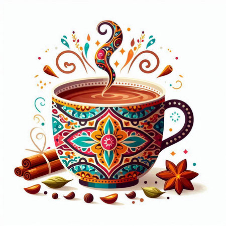 Cup of hot coffee with floral ornament and spices. Vector illustration.のイラスト素材