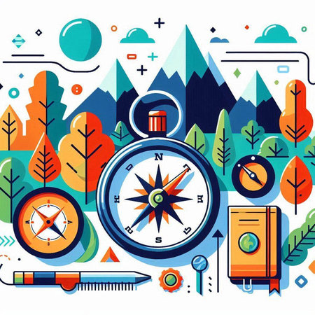 Vector illustration of a compass in the forest. Concept of travel, tourism, adventure.のイラスト素材