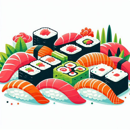 Sushi roll set with salmon, tuna, eel, caviar, caviar, caviar. Vector illustration.のイラスト素材