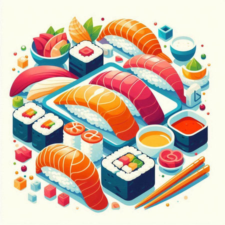 Sushi isometric composition with rolls and wasabi isolated vector illustrationのイラスト素材