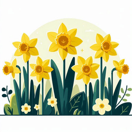 Flower background with daffodils and leaves. Vector illustration.のイラスト素材