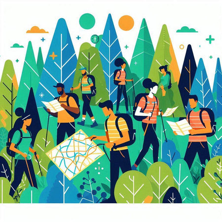 Vector illustration of people with backpacks and map on the background of the forest.のイラスト素材