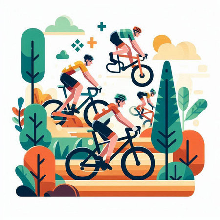 Cyclists in the park. Vector illustration in flat style.のイラスト素材
