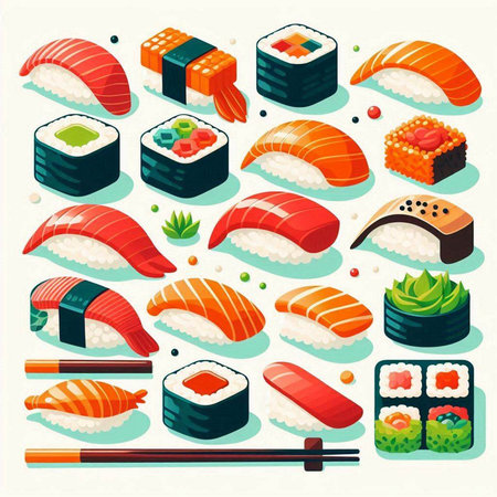 Sushi set, japanese food vector illustration in flat styleのイラスト素材