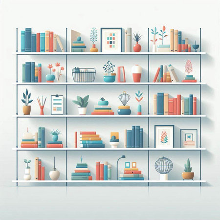 Illustration of bookshelves with books and decorations. Vector illustration.のイラスト素材