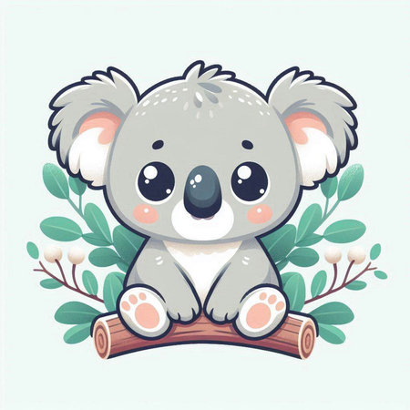 Cute cartoon koala sitting on a branch with eucalyptus leavesのイラスト素材