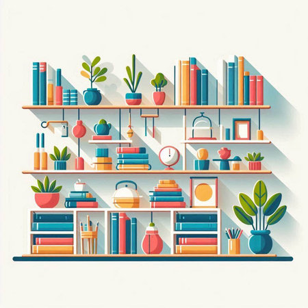 Bookshelf with books and plants. Flat style vector illustration.のイラスト素材