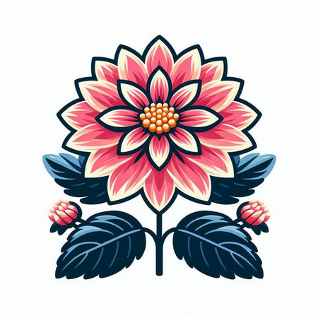 Illustration of a stylized dahlia flower with leaves.のイラスト素材