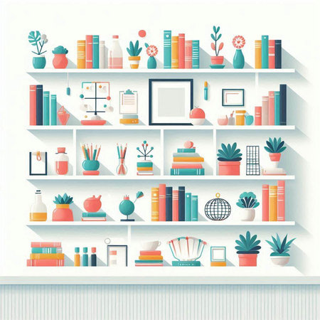 Vector illustration of bookshelves with different books and decorations in flat styleのイラスト素材