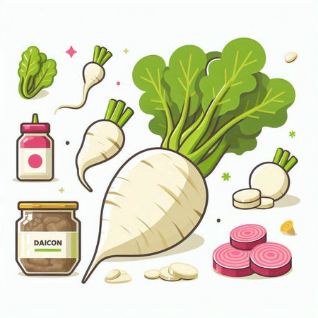 Radish, radish, onion, garlic, pepper, mustard, parsley, mustard. Vector illustration.のイラスト素材
