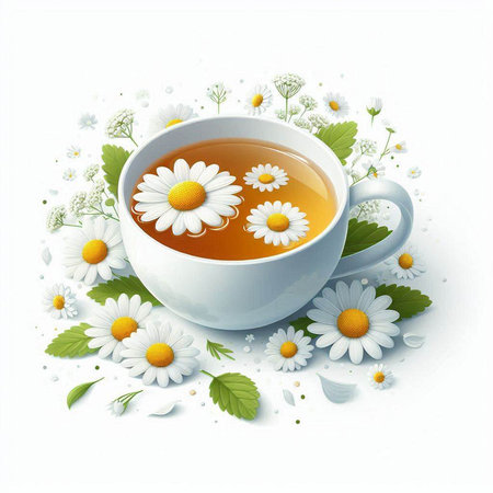 Cup of tea with chamomile flowers and leaves on white backgroundのイラスト素材