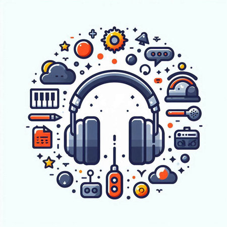 Vector illustration with headphones and sound equipment. Modern line art design.のイラスト素材