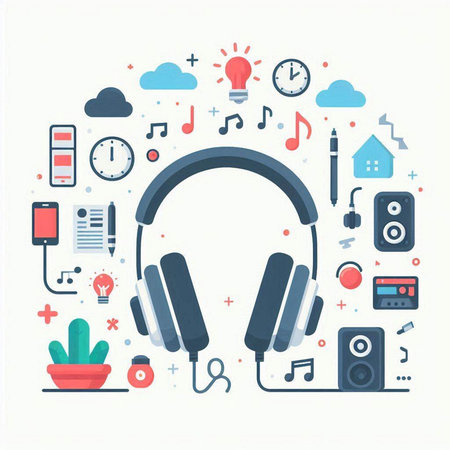 Music concept with headphones and icons. Vector illustration in flat style.のイラスト素材