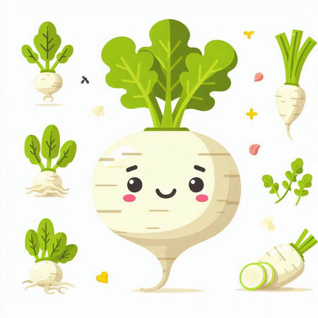 Vector illustration of cute kawaii turnip vegetable. Cute cartoon radish.のイラスト素材