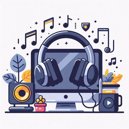 Vector illustration in flat linear style - online education concept - computer, headphones and music notesのイラスト素材