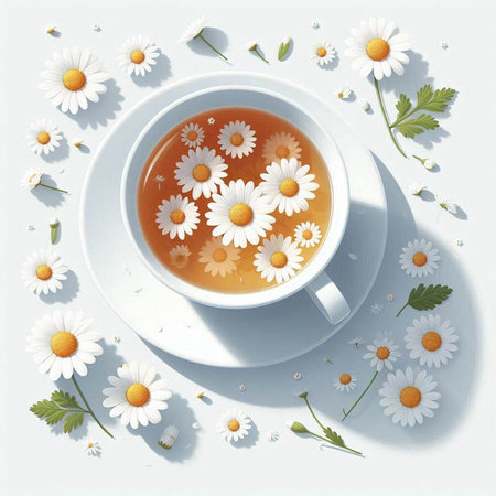 A cup of tea with chamomile flowers on a white backgroundのイラスト素材