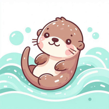 Cute cartoon otter sitting on the wave. Vector illustration.のイラスト素材
