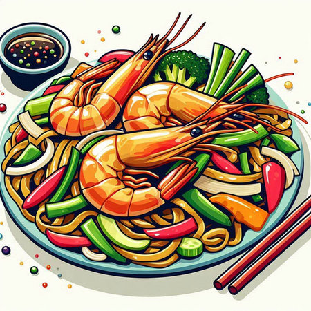 Noodles with prawns and vegetables. Vector illustration.のイラスト素材