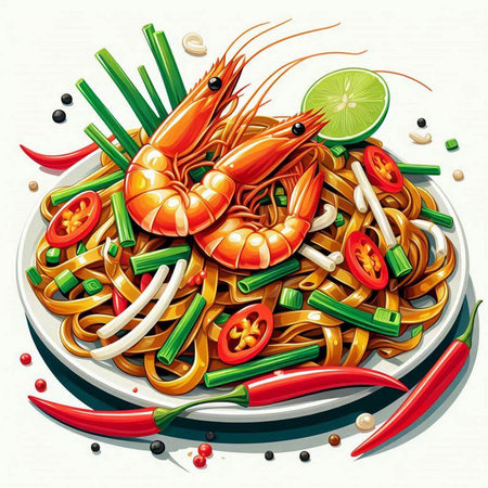 Seafood noodle with shrimps and vegetables. Vector illustration.のイラスト素材
