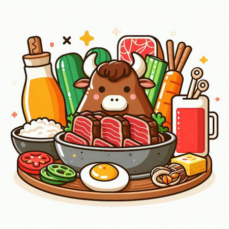 Illustration of a Steak of Beef with Vegetables and Eggsのイラスト素材