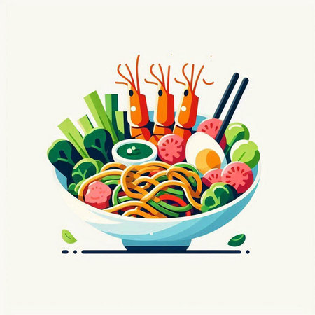 Bowl of noodle with vegetables and chopsticks. Vector illustration.のイラスト素材