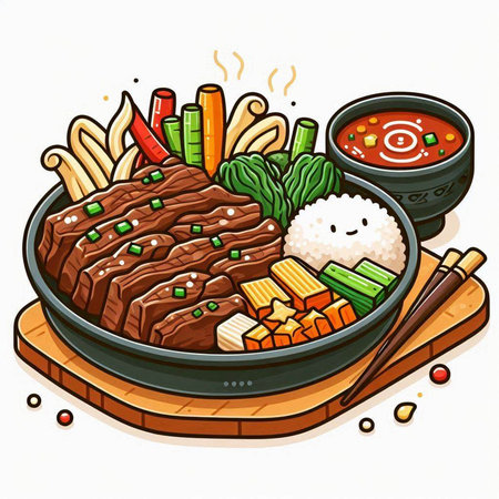 Illustration of a Japanese beef steak on a hot plate with vegetablesのイラスト素材