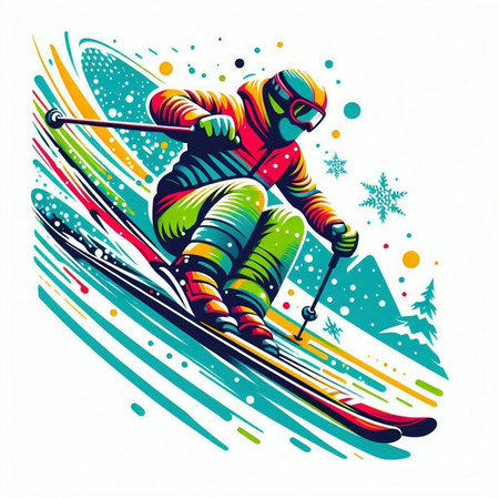 Vector illustration of skier in action. Skiing and snowboarding.のイラスト素材