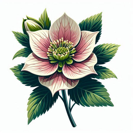 Illustration of pink and white hellebore flower on white backgroundのイラスト素材
