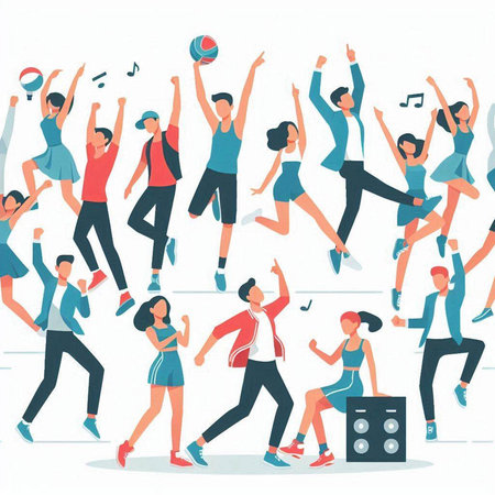 Set of people dancing and jumping. Vector illustration in flat style.のイラスト素材