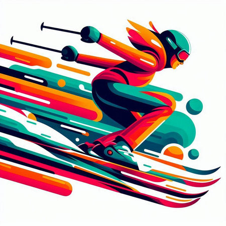 Vector illustration of skier in sportswear jumping against colorful backgroundのイラスト素材