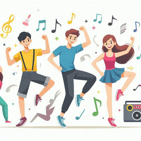 Group of happy young people dancing with musical notes. Vector illustration.のイラスト素材