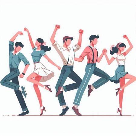 Happy group of dancing people. Vector illustration in flat cartoon style.のイラスト素材
