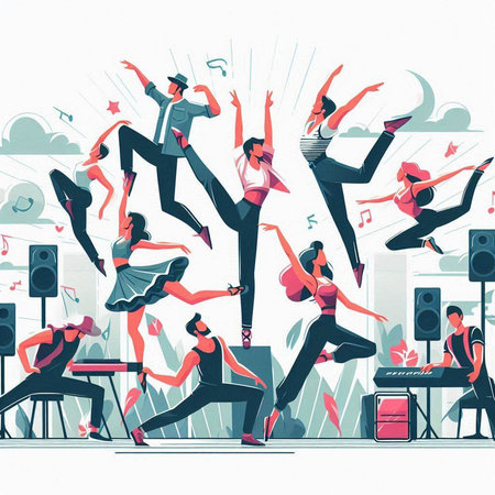 Group of dancing people. Vector illustration in flat design style. Dancing people.のイラスト素材