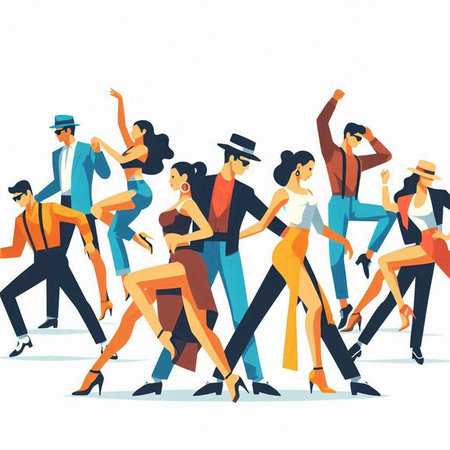 Dancing people. Group of men and women dancing, vector illustration.のイラスト素材