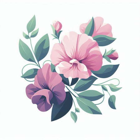 Beautiful pink hibiscus flowers with green leaves. Vector illustrationのイラスト素材