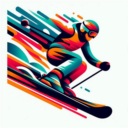 snowboarder skiing in the mountains, colorful vector illustration.のイラスト素材