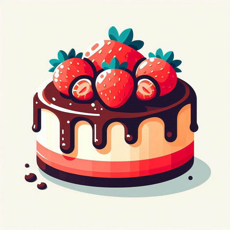 Chocolate cake with strawberries. Vector illustration in flat cartoon style.のイラスト素材