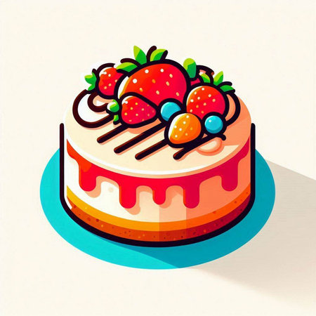 Cake isometric icon. Vector illustration of a cake with strawberries.のイラスト素材