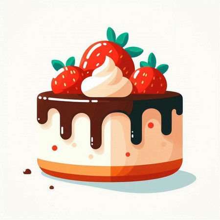 Cake with strawberries, chocolate and whipped cream. Vector illustration.のイラスト素材