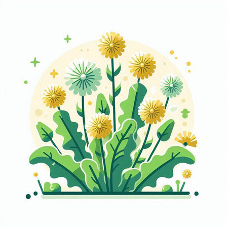 Vector illustration of a dandelion flower in the field. Flat style.のイラスト素材