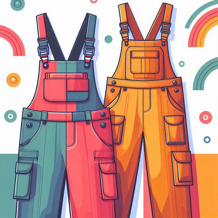 Vector illustration of a pair of work overalls on colorful background.のイラスト素材