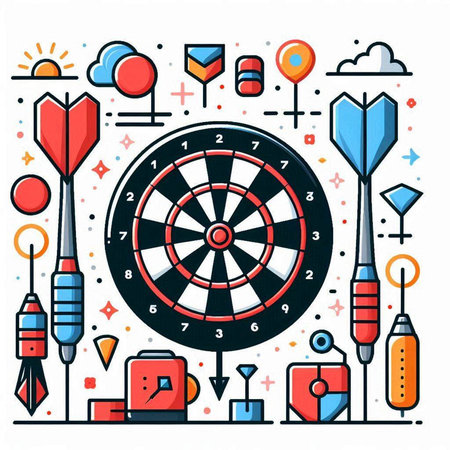 Darts game equipment vector illustration. Dartboard, dartboard, arrow, target, dartboard, arrow. Darts and sport equipment.のイラスト素材