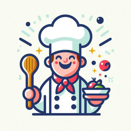 Chef boy with spoon and bowl of salad. Vector illustration.のイラスト素材