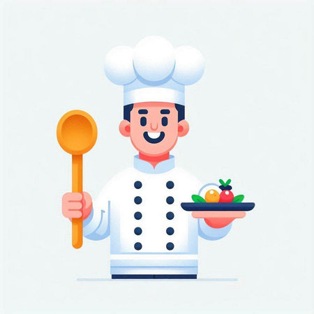Chef holding a plate with food. Vector illustration in cartoon styleのイラスト素材