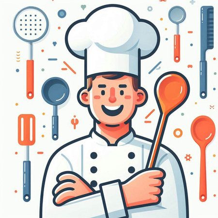 Chef with ladle and spoon. Vector illustration in cartoon styleのイラスト素材