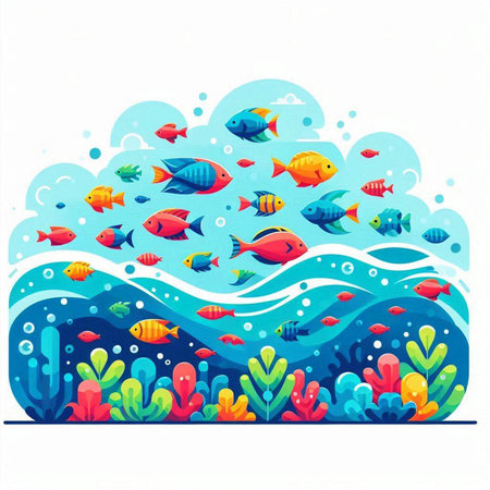 Underwater scene with fish and seaweed. Vector illustration in cartoon styleのイラスト素材