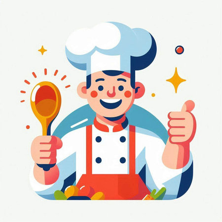 Chef with spoon and ladle. Vector illustration in cartoon styleのイラスト素材